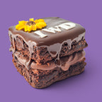 Brownie cake and Nutella with sunflower decoration and text IWD on a chocolate sauce side view.