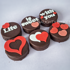 Chocolate cookies with heart shapes and text