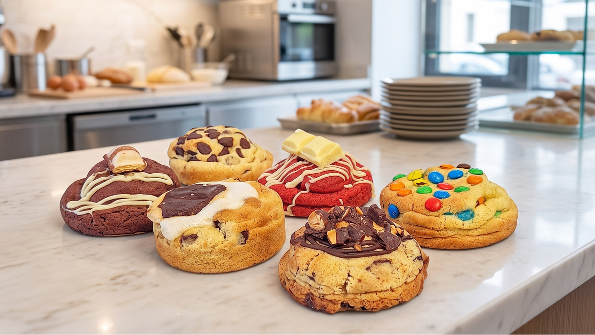 Six assorted gourmet pastries and cookies arranged on a white marble countertop in a modern kitchen setting. The pastries include chocolate chip cookies, cream-filled donuts, red velvet cookies, chocolate-dipped treats, and a cookie topped with colorful M&M's candies.
