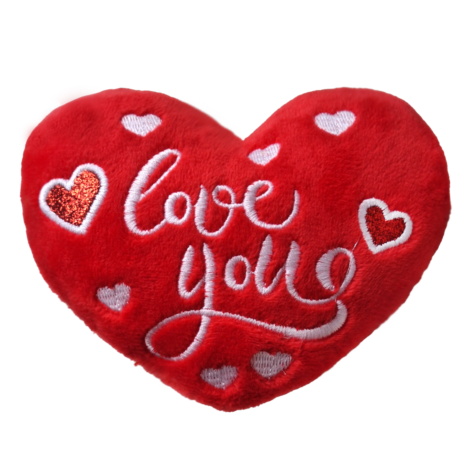 Red heart-shaped plush pillow with 'love you' text on a white background