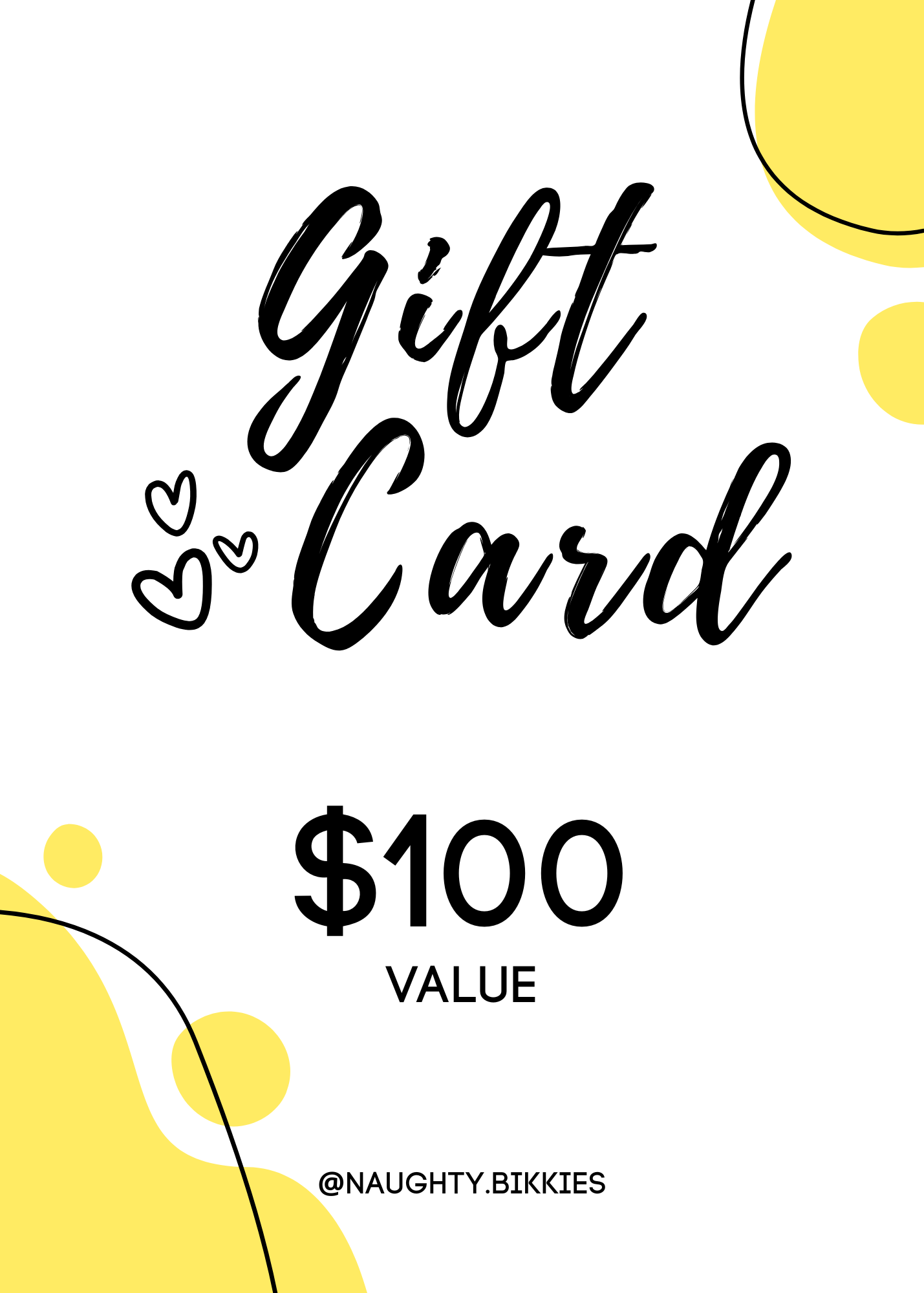 Gift card with yellow abstract shapes and 'Gift Card $100 Value' text on a white background