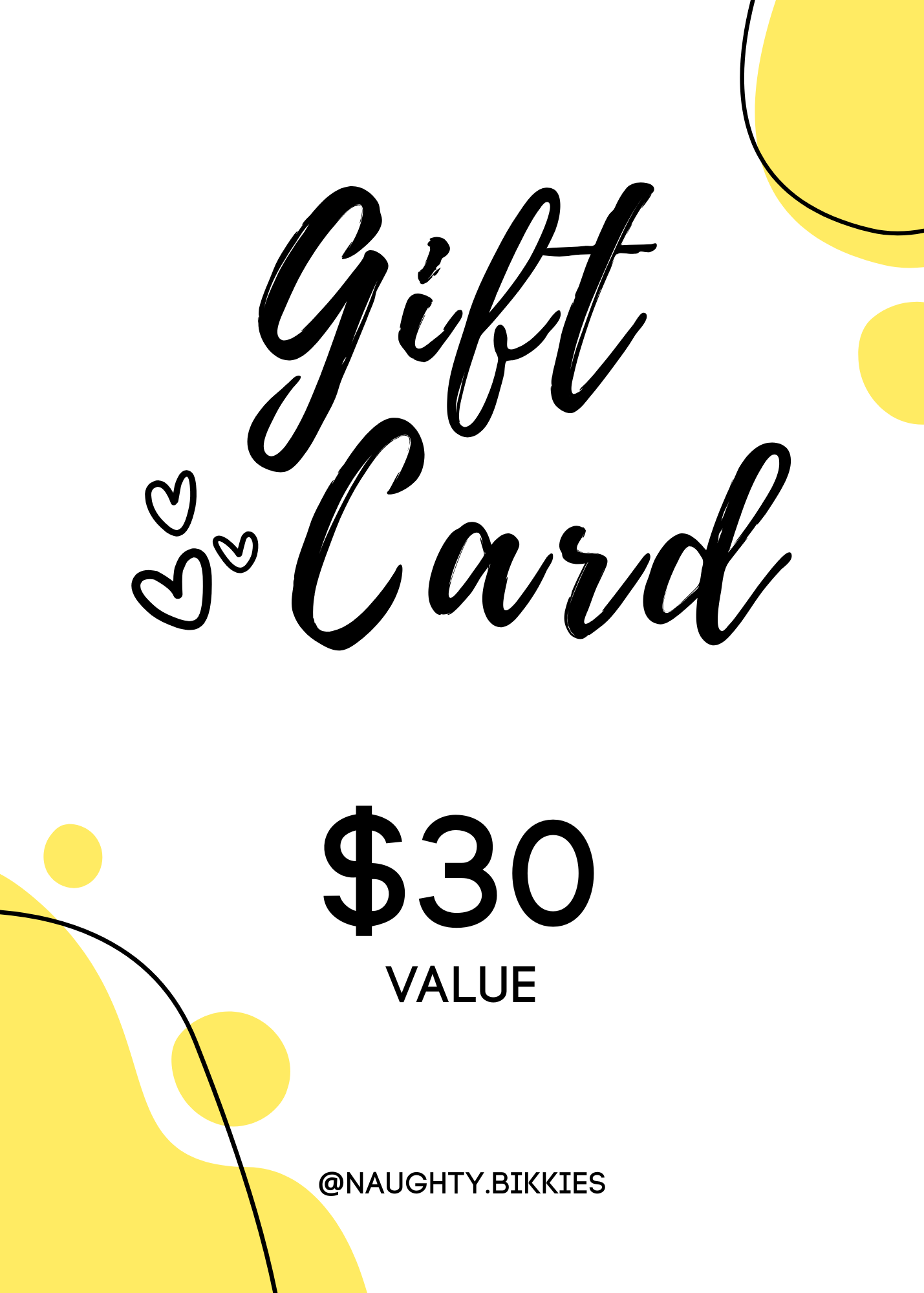 Gift card with a $30 value and yellow abstract designs on a white background