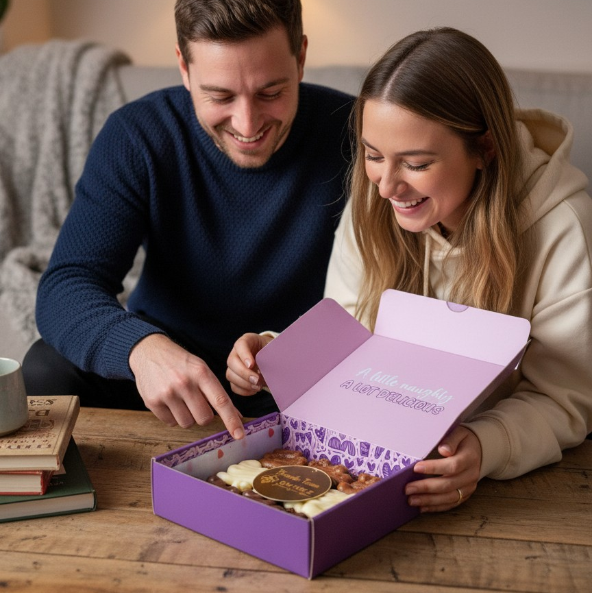 A man and a woman sitting together on a wooden table, smiling as they open a purple gift box containing a chocolate-covered cookie. The scene is set in a cozy, warmly lit living room.